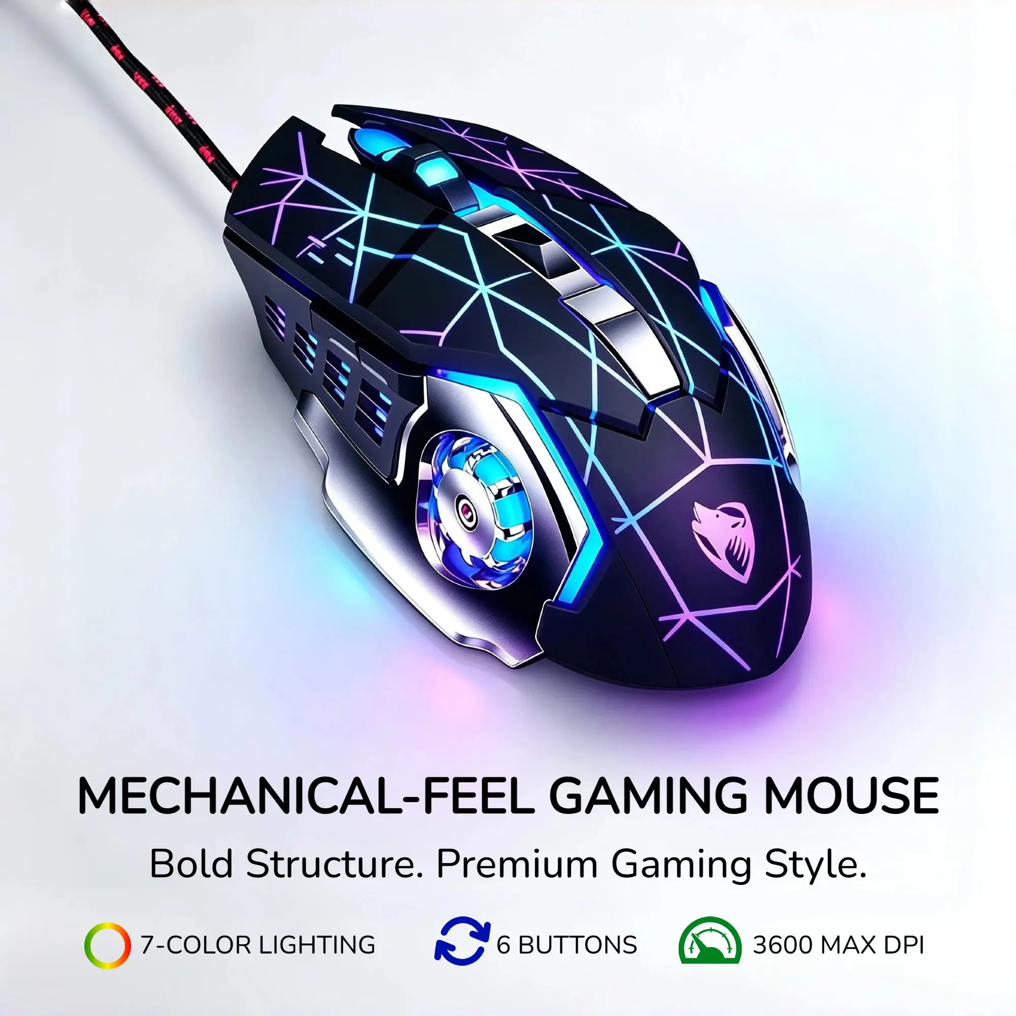 T-WOLF V6 Wired Gaming Mouse, Full Size Ergonomic USB Mouse with RGB 7-Color Breathing Light, 3600 DPI, 6 Buttons, Mechanical-Style Design for PC, Laptop, Gaming Setup and Everyday Use