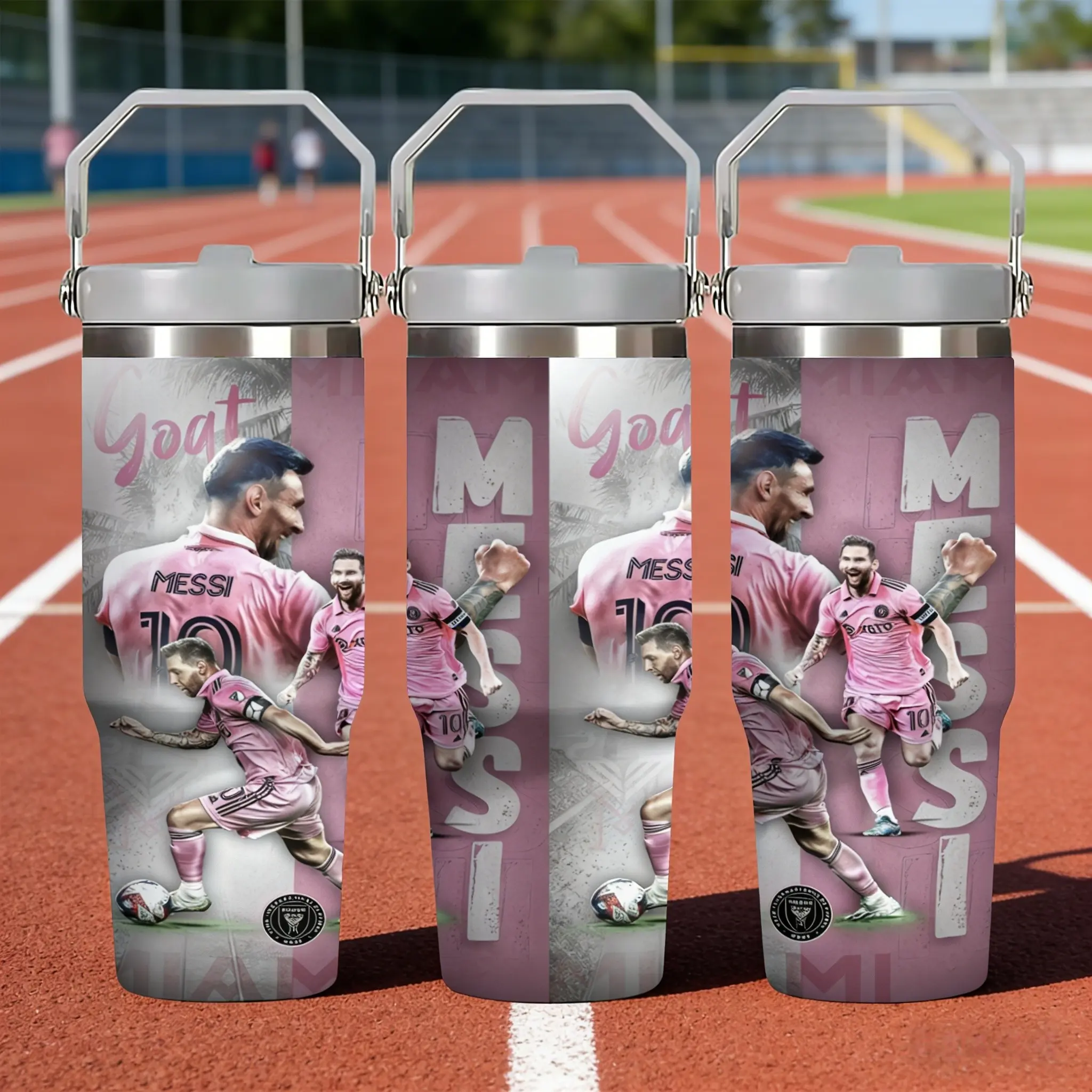 1pc 30oz Stainless Steel Double Wall Insulated Water Bottle, Hydration Vacuum Insulated Tumbler, Insulated Drinkware, Drinkware Vacuum Flask, Featuring a Messi #10 pink jersey, with a handle and straw, suitable for outdoor, sports, and indoor use