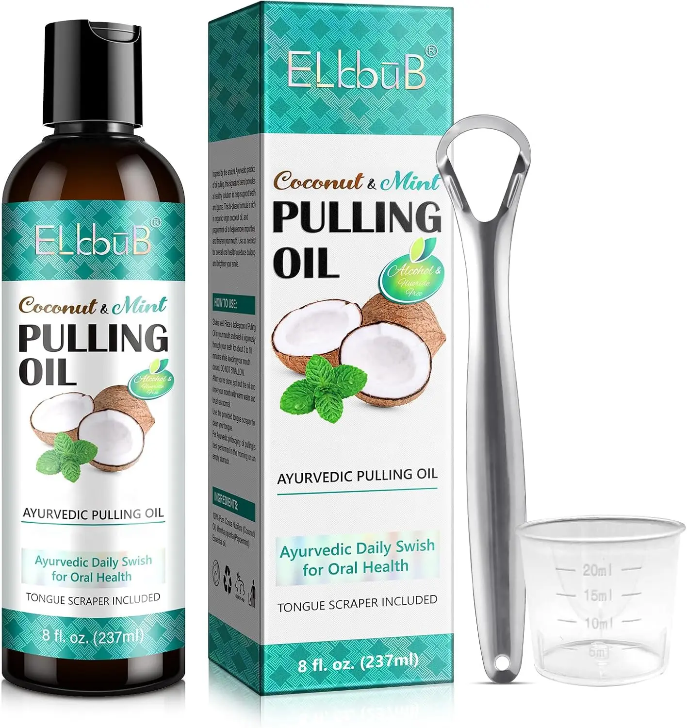 Coconut Pulling Oil - Ayurvedic Mint Oil Pulling Mouthwash with Tongue Scraper | Natural Essential Oils for Fresh Breath, Teeth Whitening & Healthy Gums | Alcohol-Free 8 Fl. Oz sohochic