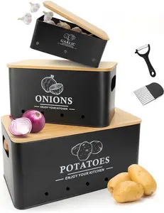 Sturdy 3-Piece Kitchen Vegetable Organiser Set - Bamboo Lid Metal Canisters with Aerating Holes for Onion, Garlic Storage, Black Kitchen Supplies