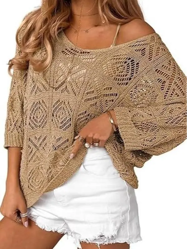 Women's Oversized Crochet Knit Sweater Slouchy Off the Shoulder Pullover Top Sheer Loose Pointelle Jumper