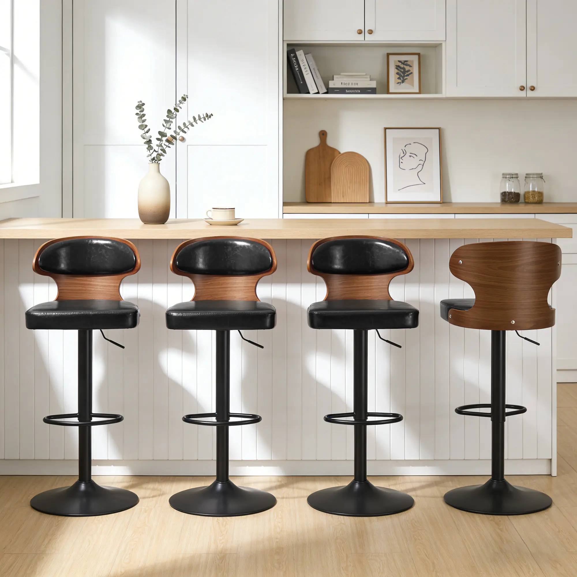 Modern Bar Stools Set of 2, 360° Swivel Counter Ht. Chairs with Solid Wood Back, Leather Upholstery & Footrest for Bar, Kitchen, Barstool