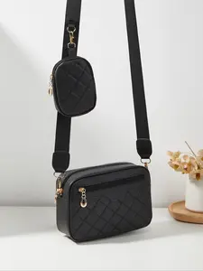 Women's Fashionable Solid Color Quilted Crossbody Bag & Wallet Set (2pcs), Casual Versatile Pu Leather Shoulder Bag Set for Daily Used, Trendy High-quality Daily Commuting Bag for Women, Crossbody Purse, Crossbody Clutch Purse, Quilted Purse Bags