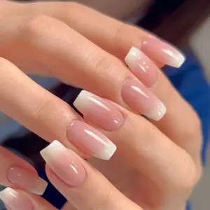 White Mist Gradient Press On Nails | CurvLife Nail | 30pcs Medium Square Fake Nails | Glossy Finish with Soft Blush Ombre | Easy to Apply, Comfortable & Long-Lasting | Ideal for Daily Commutes, Business Lunches, Tea Parties & Elegant Gatherings