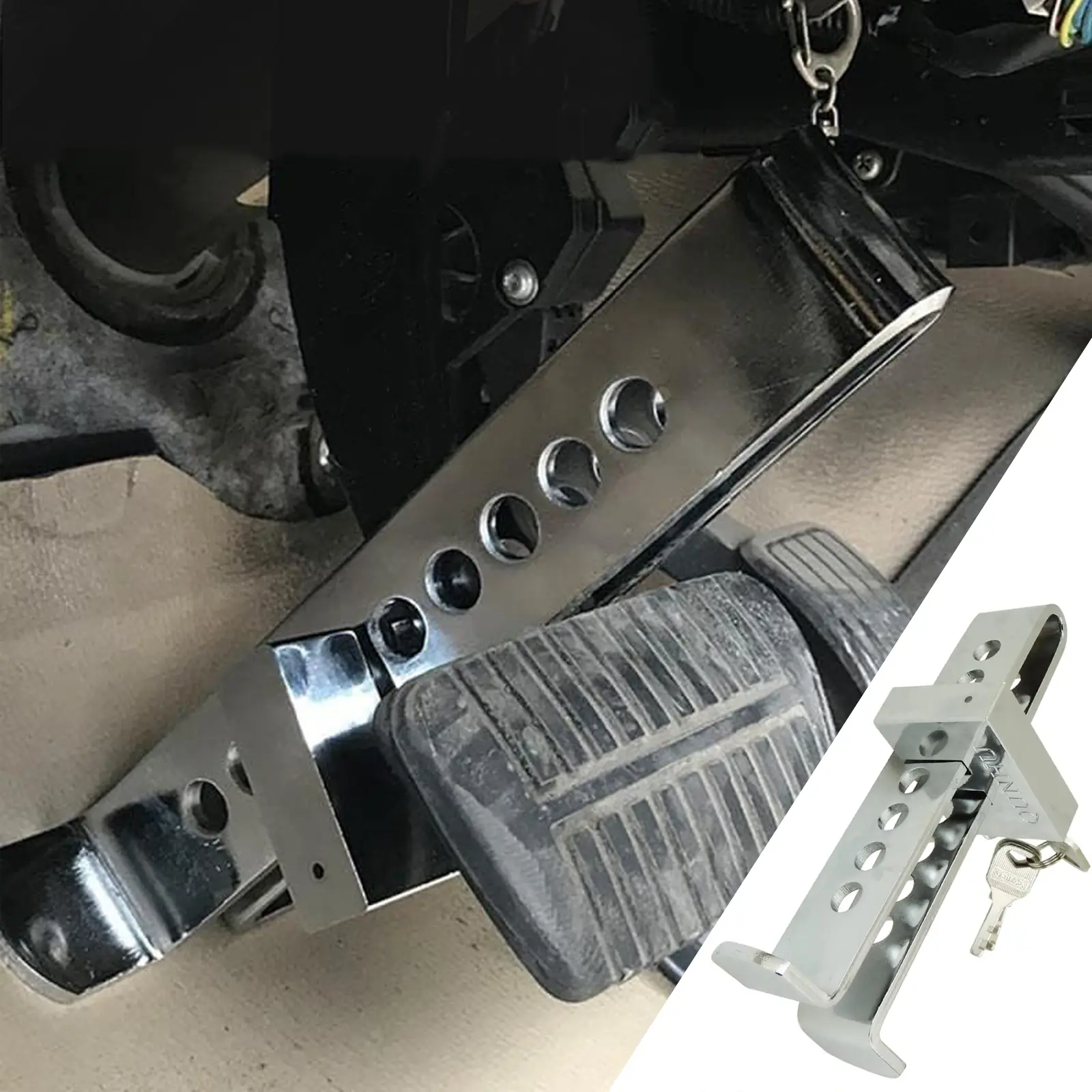 Car Anti-Theft Brake Lock, 8-Hole Braking Pedal Safety Device, Heavy-Duty Stainless Steel, Portable Key Lock, Car Steering Wheel Lock