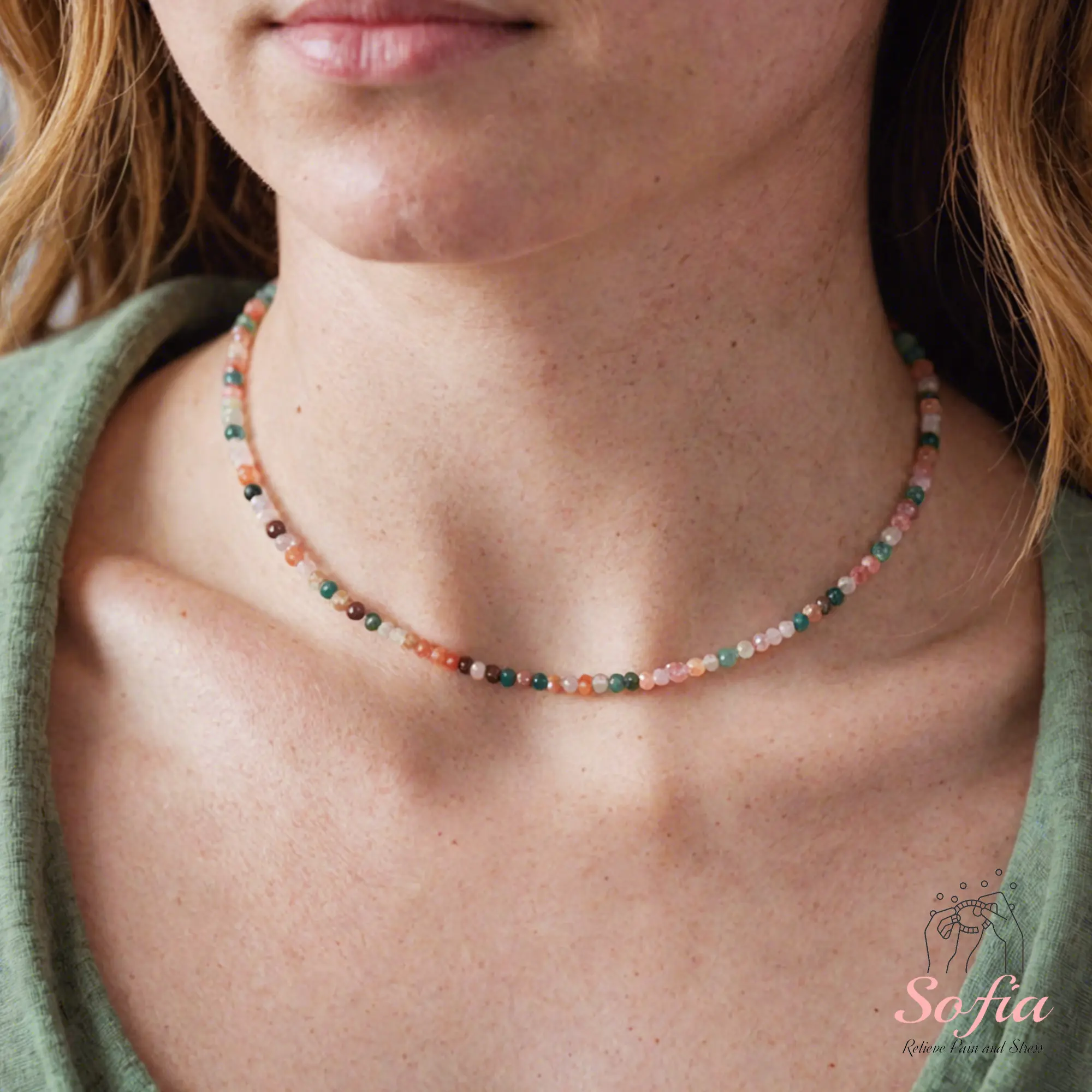 Delicate Alashan Agate Stone Beads Choker Necklace, Tiny Dainty Faceted Gemstone Beaded Necklace, Waterproof Crystal Beaded Choker, Dainty Minimalist Style for Women Handmade Adjustable, gift for her