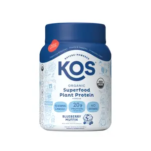 KOS Organic Plant Protein Blueberry Muffin 15 Servings USDA Certified Gluten Free 20g Protein Per Serving Digestive Enzymes for Optimum Absorption