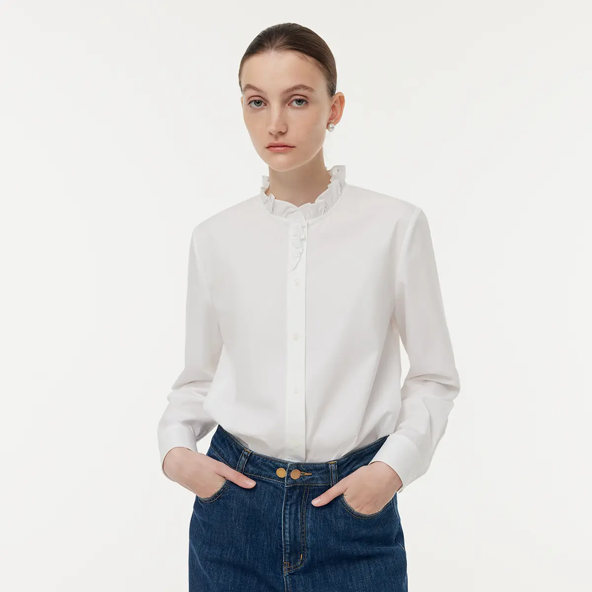 Cotton Ruffle Collar Women Shirt