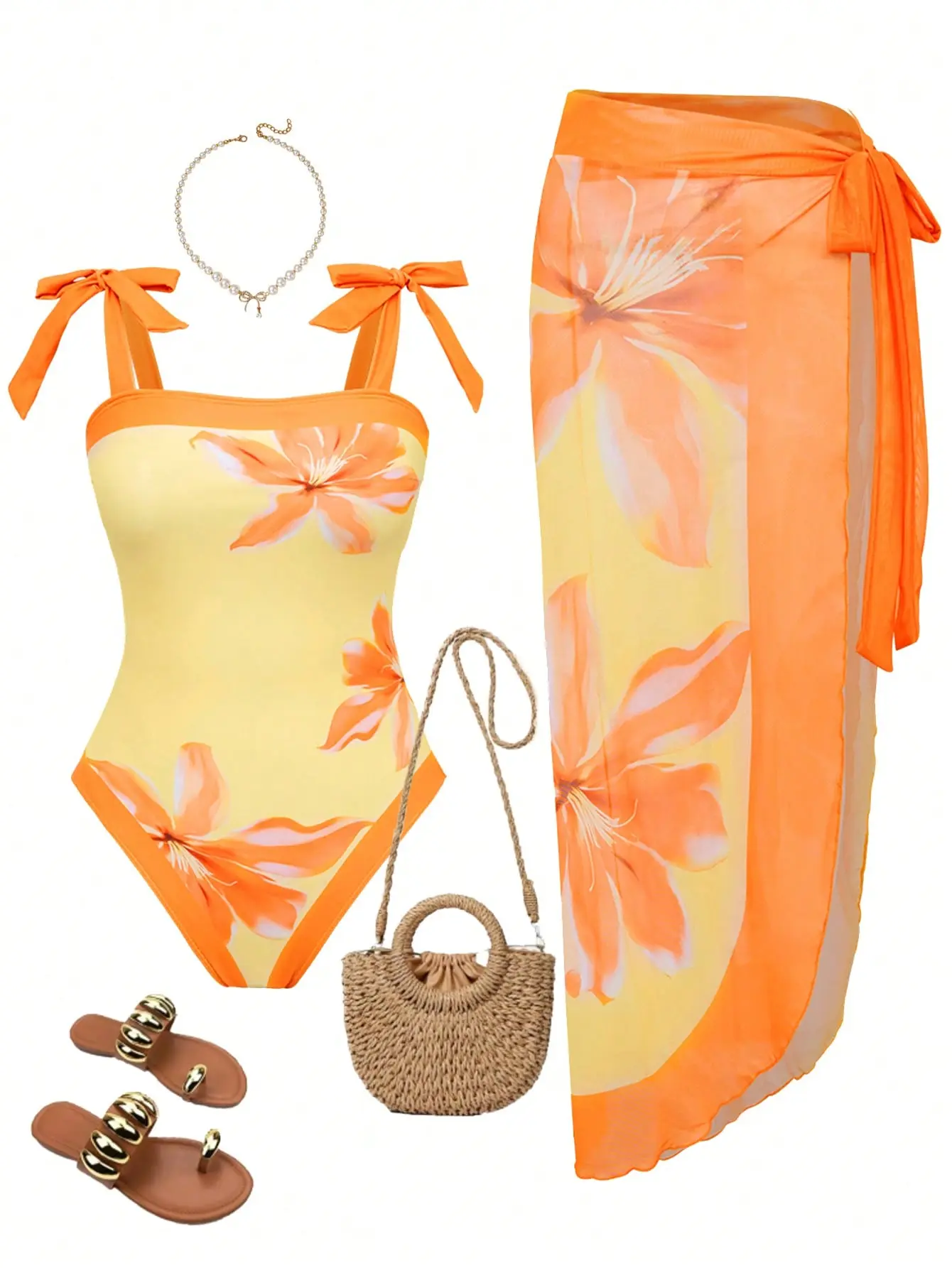 Women's Floral Print Bow Strap Beachwear Swimsuits Set - 1-Piece & 2-Piece Options with Matchy Sheer Tie Waist Sarong, Tummy Control, Beach Style & Bow Cutouts for Beach Vacation, Beach Style Women's One-Pieces