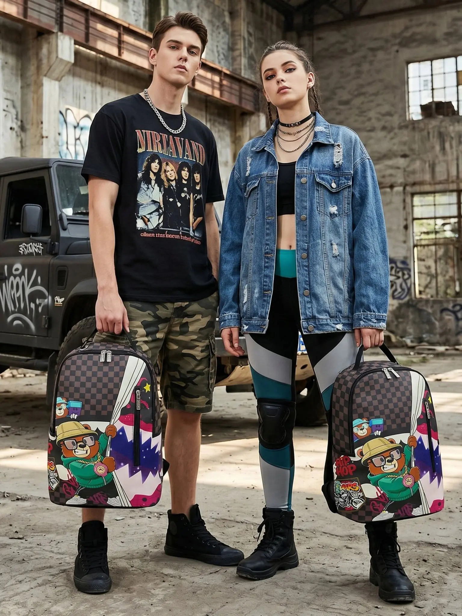 American Cartoon Bear Graffiti Checkered Backpack, Lightweight Breathable Student Bag, 15.6 Inch Laptop Backpack, Unisex Daily Commute, Casual Printed Backpack