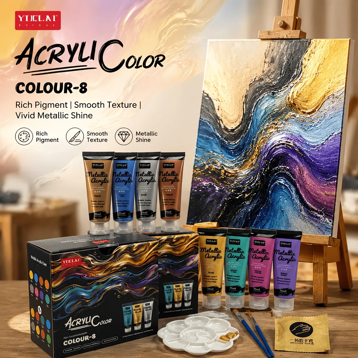 Metallic Acrylic Paint Set for Hand Painting - 8 Pcs 75ml Each Tubes, 2 Brushes, 1 Palette, 1 Pair Disposable Gloves, Glossy Rich Gold Tones, Easy to Squeeze & Blend, Supplies for Art Creators & Beginners (Toys & Hobbies: Classic & Novelty, Building Toys)