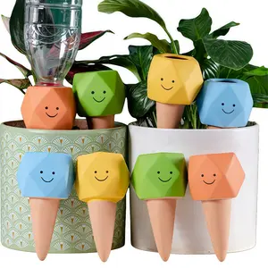 4-Pack Terracotta Plant Watering Spikes with Fun Face Designs, Automatic Self-Watering Cones for Potted Plants Indoor Office Home Garden, Efficient Irrigation System for Consistent Moisture Release