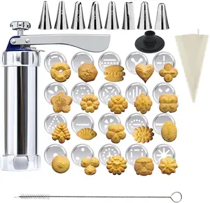 Stainless Steel Cookie Press Kit with Reinforced Handle, Professional Spritz Cookie Maker Gun with 20 Discs, 8 Icing Tips, Piping Bag & Brush, Durable Baking Set for DIY Holiday Cookies & Churros