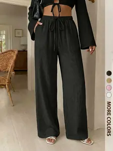 Effortless Textured Cotton Wide Leg Pants – Aesthetic High Waist Adjustable Drawstring Trousers, Trendy Clean Girl Style Flowy Slacks for Summer Vacation | Breezy Crinkle Gauze Bottoms