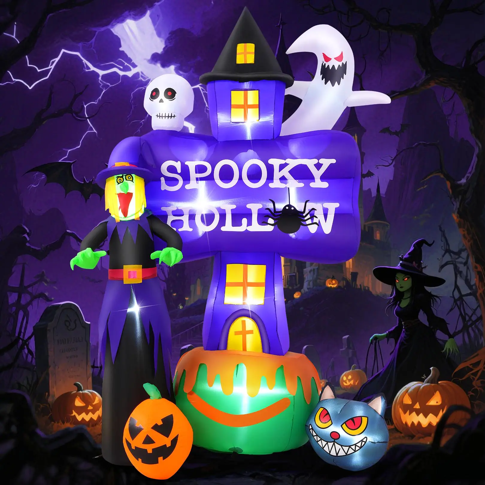 AKEYDIY 8 FT Tall Halloween Inflatables Witch Outdoor Decorations, Ghost Witch Castle Build-in LED Lights, Spooky Halloween with Pumpkin Cat Spider Skeleton Blow up Decor, Scary Decorations for Halloween Holiday Party Yard Garden Lawn