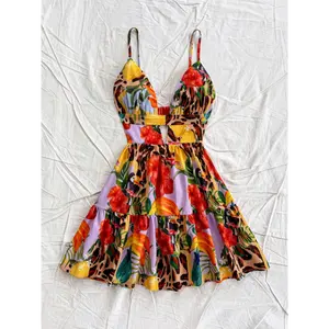 Womens Tropical Print V-Neck Spaghetti Strap Backless Mini Dress - Vibrant Animal & Floral Design, Lightweight Polyester Blend for Beach & Summer spring outfits