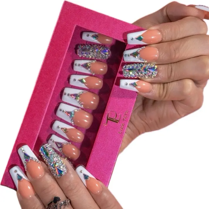 LikeTeTe Handpainted French Tip Square Press-On Nails - Premium Salon Quality, Holiday Glamorous Full Acrylic Fake Nails, Marble Pattern, Custom Sizing Available, Gel-Like Finish for At-Home Use