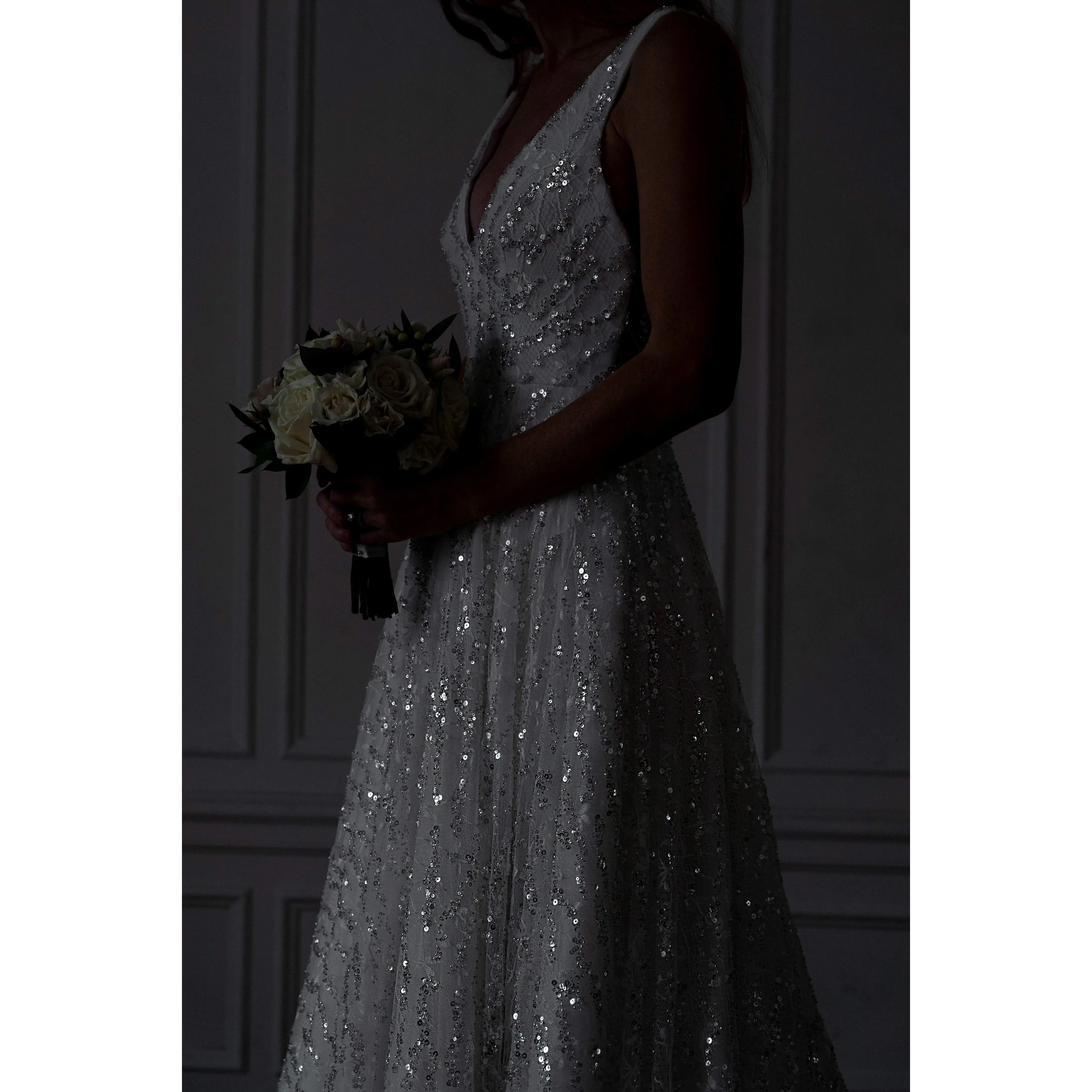 The Alexis Gown - Wedding Dress Bridal Gown A-Line Off-White Lace Beaded V-Neck Tank Low Back Tulle Silver Sparkly