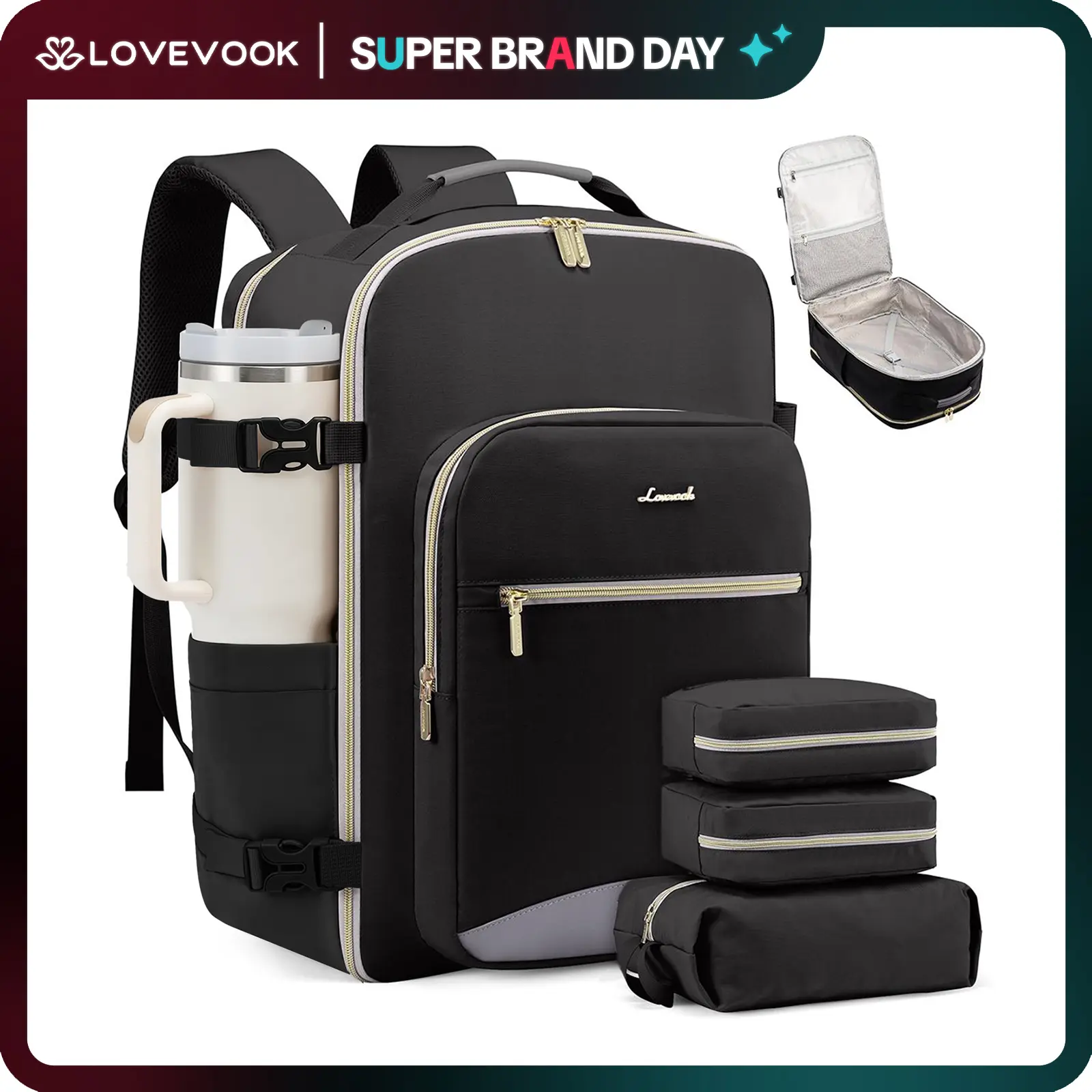 LOVEVOOK TSA-Friendly Carry-On Travel Backpack with 3 Packing Cubes and Laptop Compartment-Personal Item, Airline Approved Travel Bag for Hiking, Travel Essentials, Overnight and Weekend Trips. TikTokShopBackToSchool