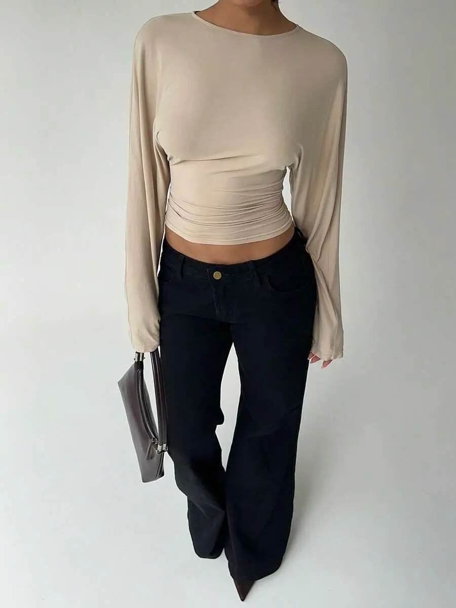 Aloruh Women's Solid Color Waist Cinched Loose Top Tight T-Shirt, Autumn/Winter Everyday Beige Casual