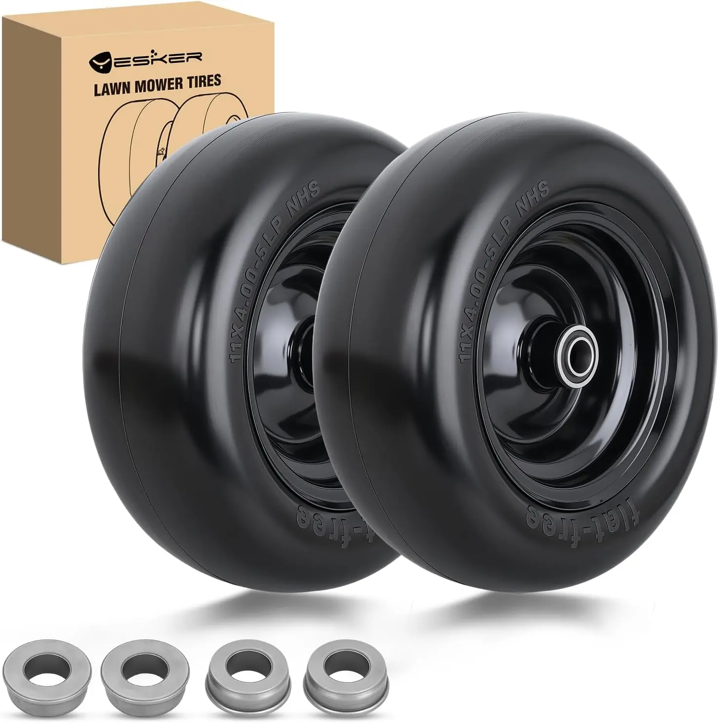 Yesker 2-Pack Synthetic High-Density Polyurethane Lawn Mower Tires, 11x4.00-5 Size, 3/4" Axle Bore, 3.4" Hub Length, Flat-Free Maintenance-Free, Consistent Rolling Load Performance for Lawn Mowers, Garden Tractors, Consistent Rolling Performance