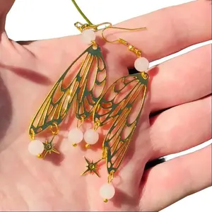 18k Gold Plated Stainless Earrings Cicada Wings with Rose Quartz stones - French Hooks