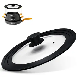 Round Glass Pot Lid Multi-Size Universal Cookware CoverUniversal Lid for Pots,Pans and Skillets - Tempered Glass with Heat Resistant Silicone Rim，Dishwasher Safe Black