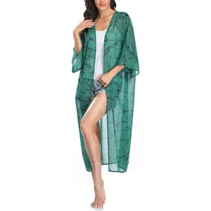 Women'S Long Sheer Floral Kimono Cardigan, Summer Chiffon Blouse Loose Tops Beach Light