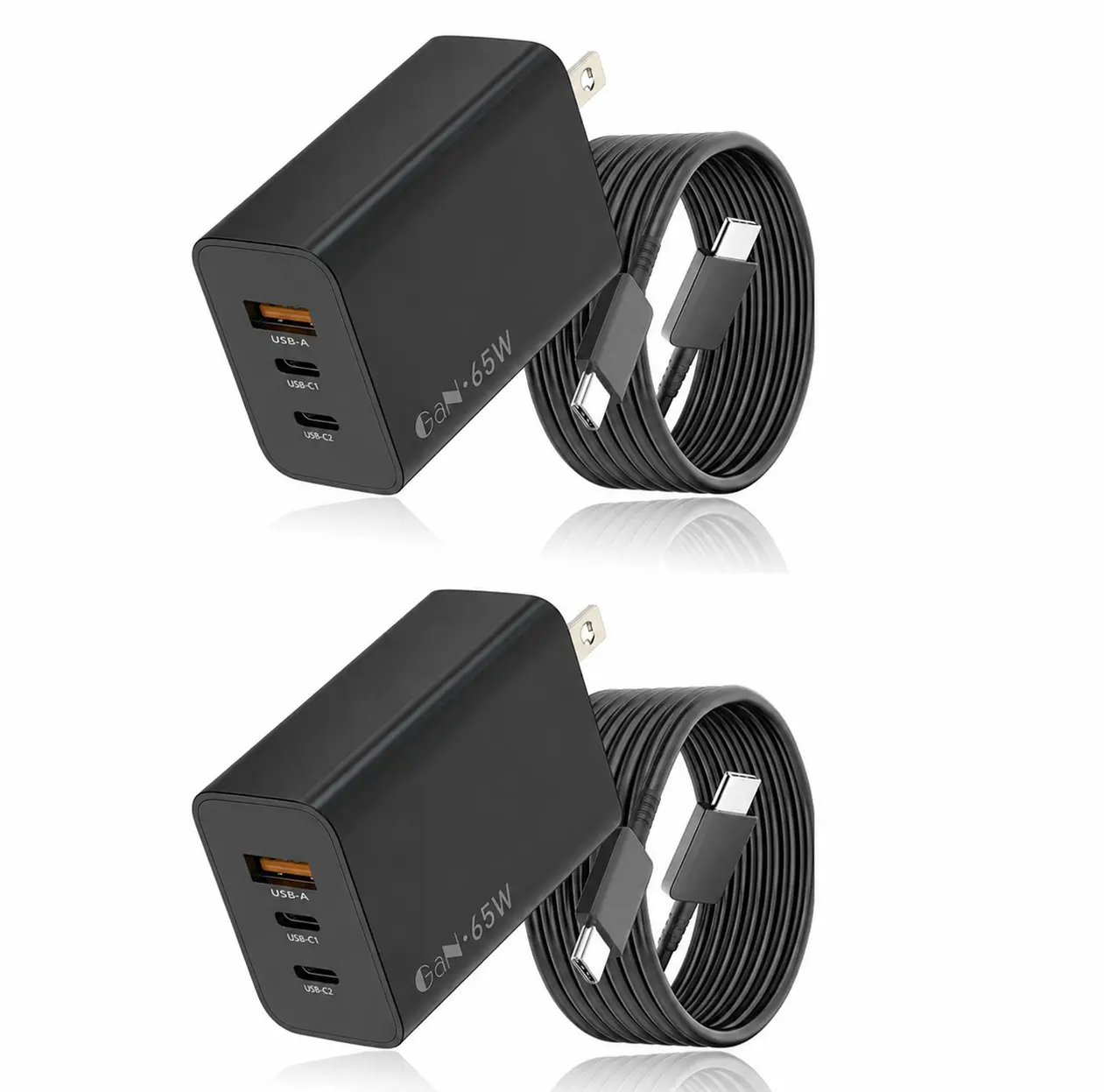 65W GaN Super Fast Charging Wall Adapter, 2 USB-C + 1 USB-A Ports, 6.6ft (2m) Cable Included, Compatible with Mobile Cellphone (Galaxy S26+/S25-S21/Z Fold 3), Electronic Device (iPhone 17 Pro Max/16/15, iPad Pro,Xiaomi 17Pro Max） Lightning Protection