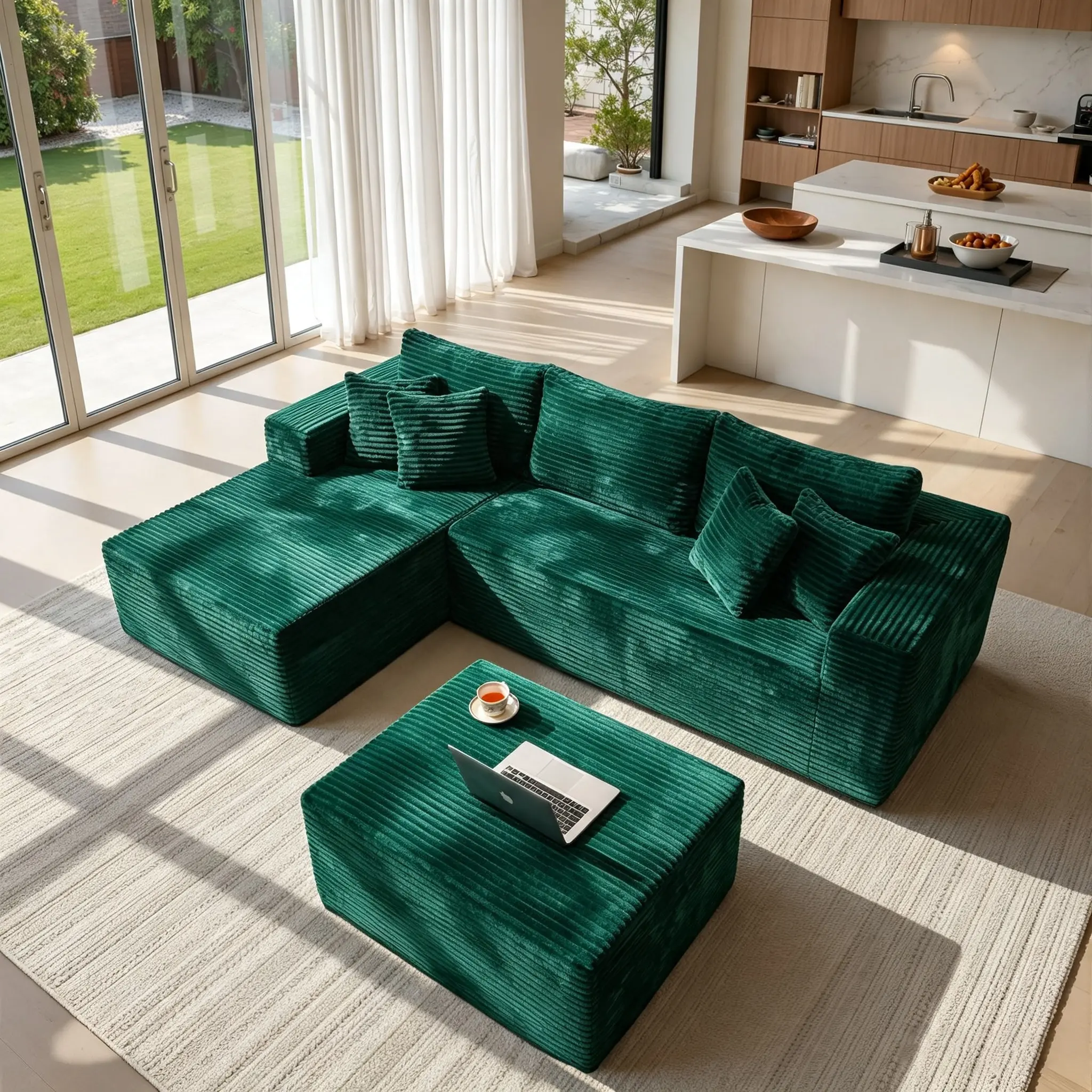 MODMOOD 108" L-Shaped Cloud Corduroy Sectional Couch, Plush Modular Sofa with Ottoman Chaise, No-Assembly Deep-Seat Boneless Indoor Living Room Furniture