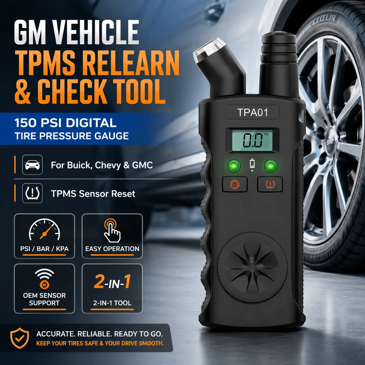GM Group Vehicles TPMS Relearn-Check Tool TPA01, 150 PSI/Bar/KPA Digital Tire Pressure Monitoring Gauge with Accurate Readings, Car Repair Tool for Buick, Chevy, GMC Sensor Reset