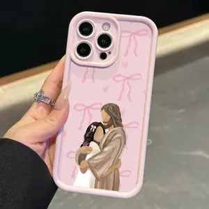 1pc love-heart bow embrace printed pattern design pink phone case, birthday and Christmas gift, compatible with iPhone 17/16/15/14/13/12/11/X/XS/XSMAX/16E/17E/12/13 MINI, a holiday gift for friends, family, and yourself., Cover, Accessories, Smartphone