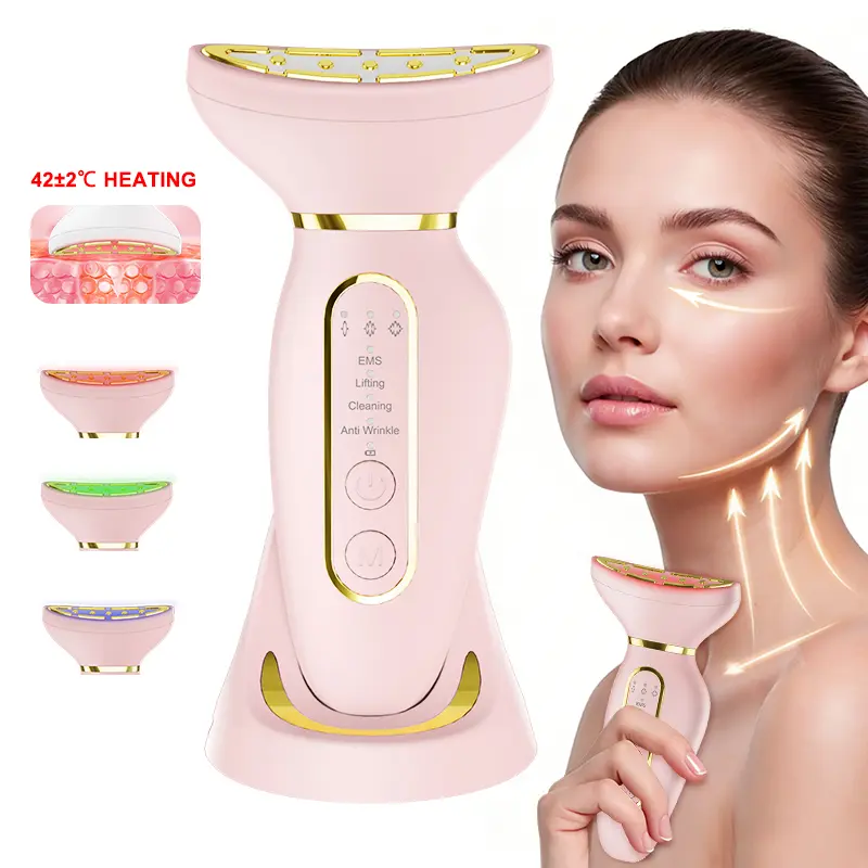 EMS Microcurrent Facial Neck Massager V Lifting Hot Compress Skin Care 3 Color LED Light Skin Firming Skincare Tool tiktokshopspringglowup
