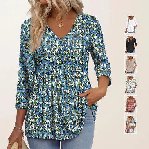 Casual V Neck Peplum Tunic Top for Women 3/4 Sleeve Babydoll Blouse Flowy Shirt