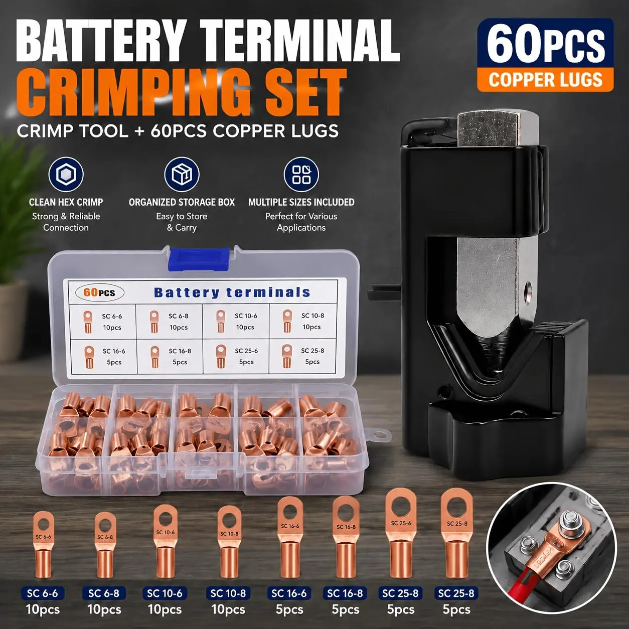 61-piece heavy-duty copper crimp terminal connector set with multifunctional manual pliers - SC6-25 wire terminals, SAE/JIS standards (SC-6/SC-8/SC-10/SC-12/SC-16/SC-18), color-coded, no power required for automotive, electronics, and home wiring - durabl