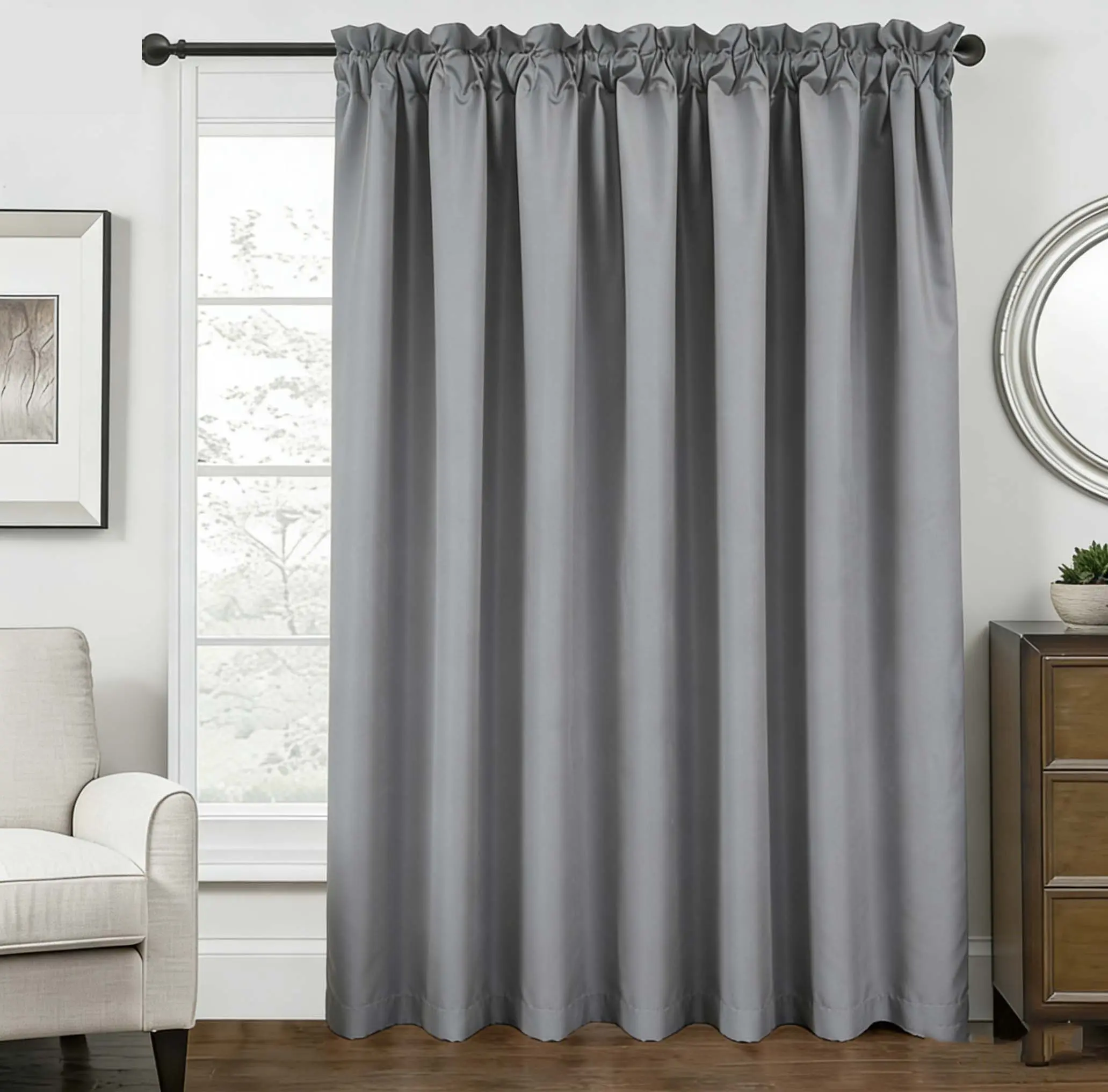 Extra Wide Blackout Curtain for Sliding Glass Door, Faux Silk Blackout Curtain (1 Panel, Grey) long solid color rod pocket living room light blocking