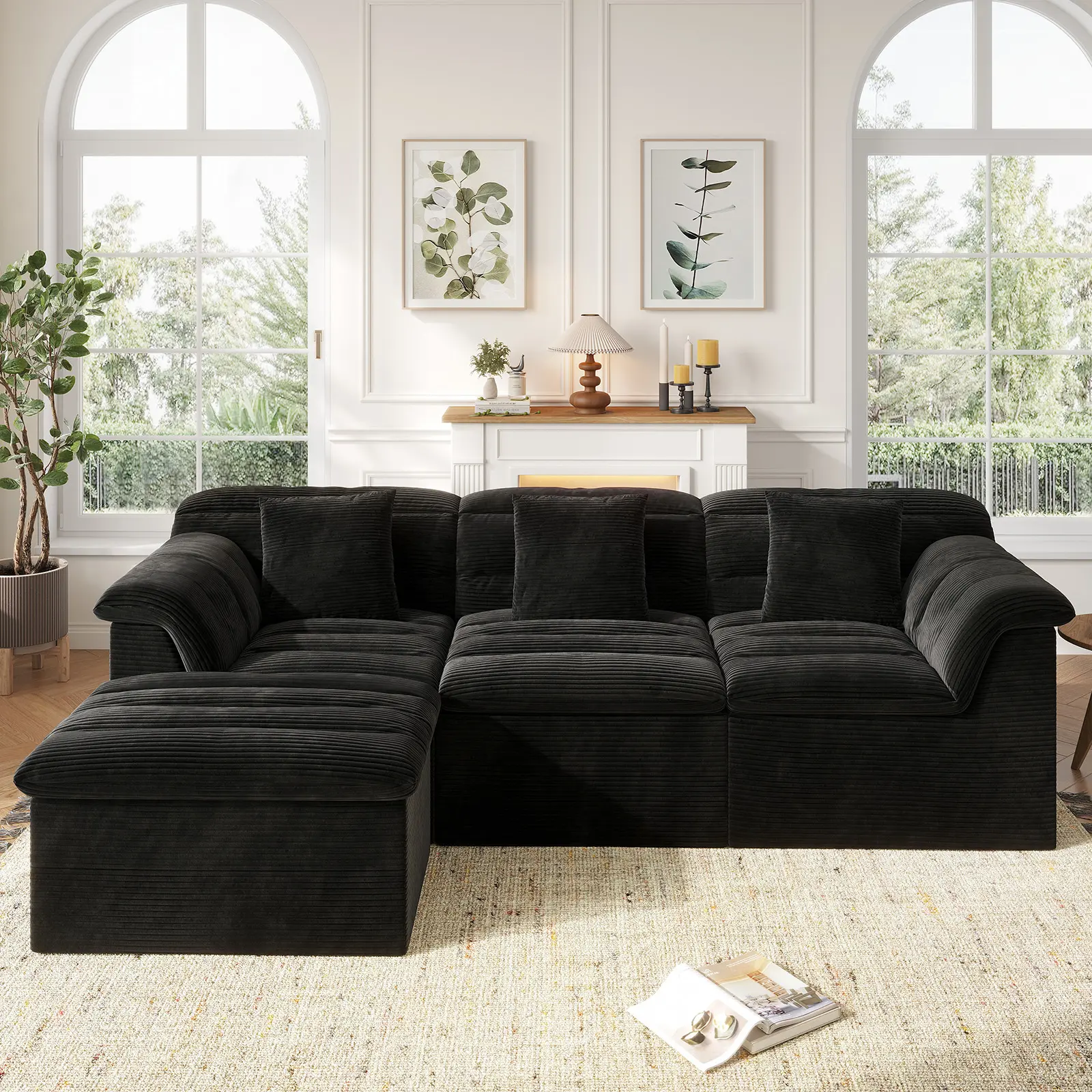 [1-3 Package] COPIAE 81-142" Modular Boneless Couch, Corduroy Deep Seat 26" Sofa, Backrest Lumbar-Back-Neck Support Couches, No Assembly Compressed Sofa, Sectional Sofa Couches with Dual-Layer Upholstered Cushions for Apartment Movie Night