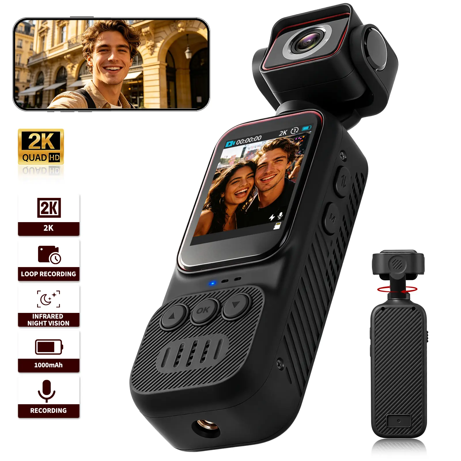 Podofo 2K HD Auto-Rotate Action Camera - Portable Body Camcorder with WiFi, 2" CMOS Sensor, 180° Swivel LCD Screen, Handheld Stabilizer, Microphones, Camera for Vlogging, Vlogging Equipment, Ideal for Riding, Security