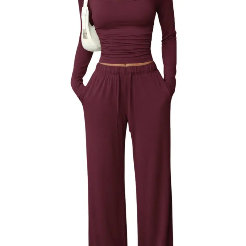 New Women's 2-Piece Square Neck Long Sleeve Top with Adjustable Drawstring and Pockets, Wide Leg Pants Set, Matching Set Outfit, Casual Fashion Home Wear Clothes Womenswear