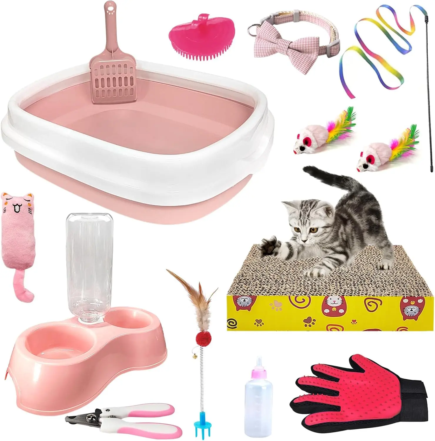 Kitten Starter Kit, 15-  Essentials Set Includes Litter Box, Toys, Collars, Scratch Pad,  File, Automatic Feed Bowls,  Gloves ()