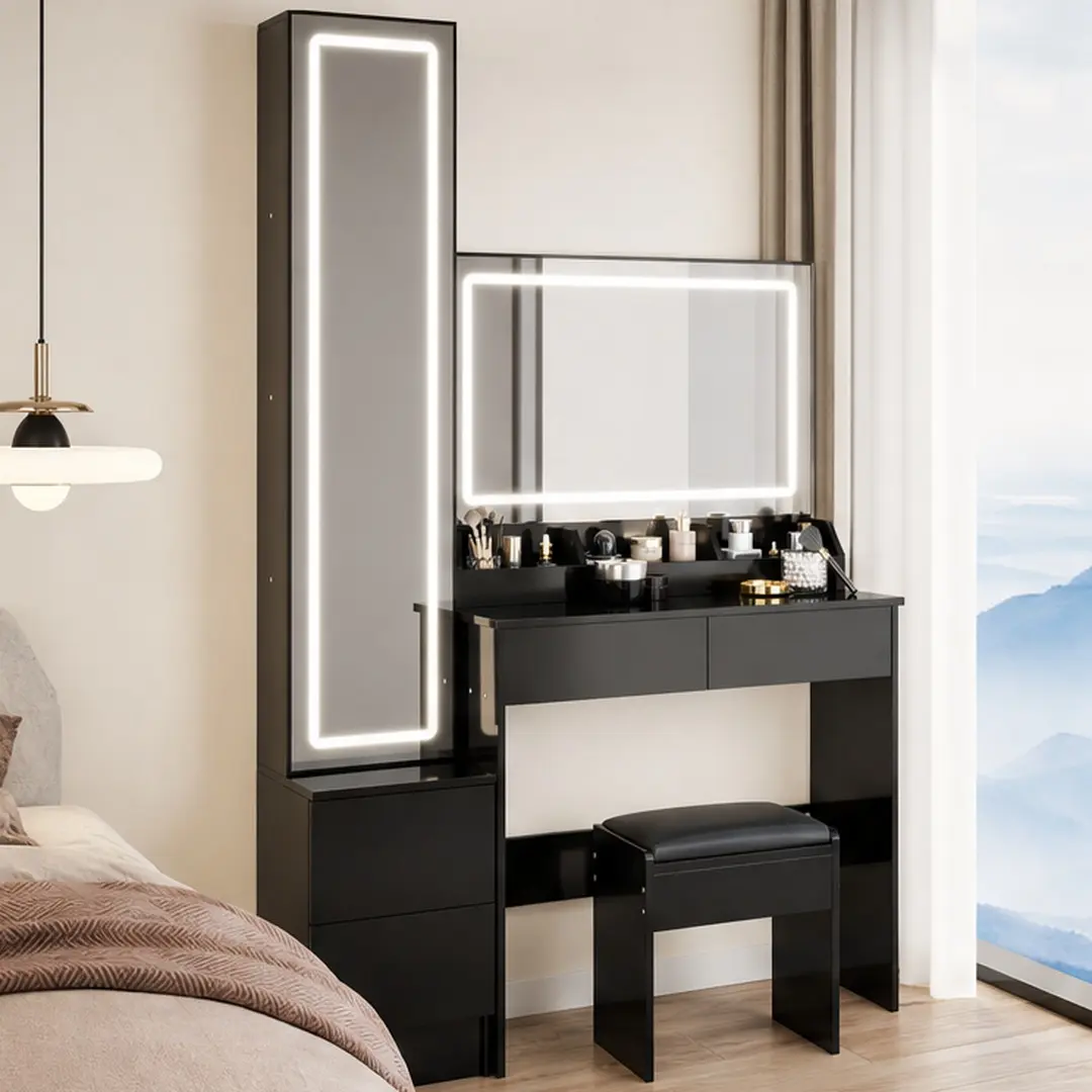 Extra Large LED Mirror Vanity Table Set with Full Body Mirror Cabinet and Cushioned Stool, Touch Control 3-Color Dimmable Lighting, Multi-Layer Storage, Black MDF, American Design, 63" H x 43.3" D x 15.7" W, for Bedroom Dressing Room Makeup