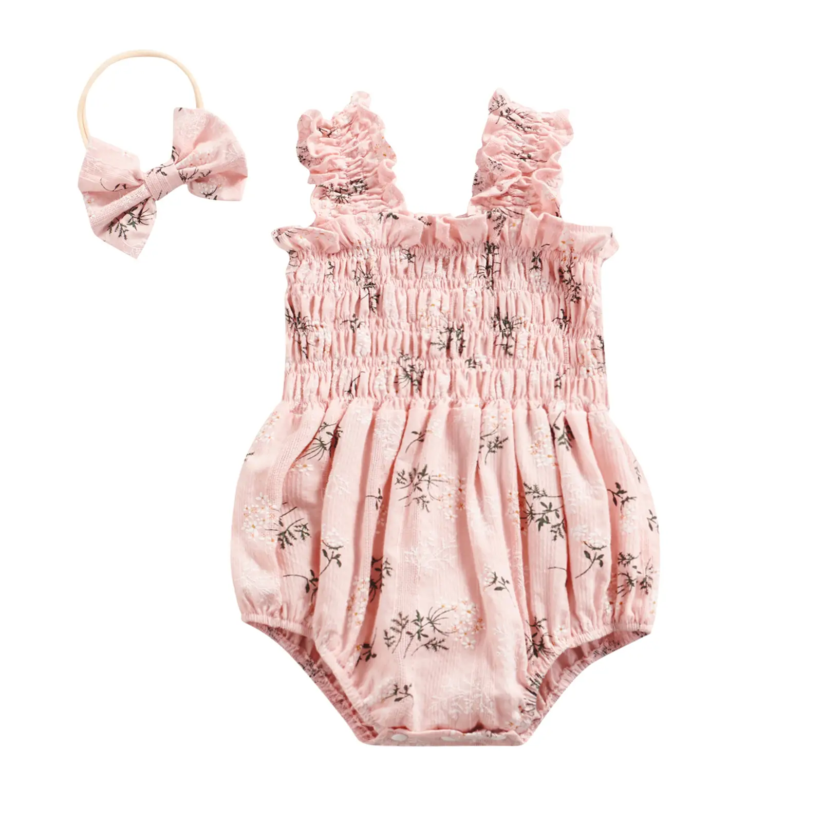 Newborn Baby Girl Bodysuit Sleeveless Floral Halter Frill Romper Jumpsuit with Headband Summer Outfits