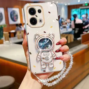 Reno13 Shockproof Plating Crystal Jewelry Strap Lanyard Phone Holder Case For Compatible With Oppo Reno 13 Wave Point Quicksand Astronaut Bear Stand Cover