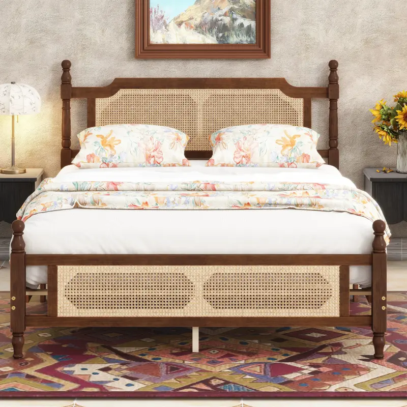 Queen Size Rattan Bed Frame - Traditional Walnut Pine Wood Frame with Rattan Headboard & Footboard, Central Enhanced Platform, 84.6in x 62.5in x 42.4in, Assembly Required, Queen Size Bed Frame