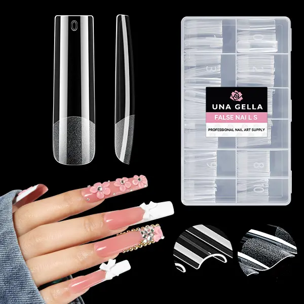 UNA GELLA 216PCS Clear Soft Gel Long Square Nail Press on Nails, 12 Sizes Full-Half Cover Pre-Filed Pre-Built Acrylic Extensions, No C Curve Flat-Friendly Transparent Fake Tips for DIY Salon Manicure TikTok Supplies