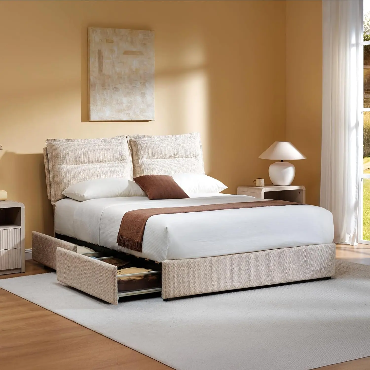 [2 Packages Shipping]ModernMate Queen Size Bed Frame, Upholstered OEKO-TEX Fabric Bed Frame with 4 Storage Drawers, Adjustable Headboard with Dual Cushions, Noise-Free Wooden Slats Support, Beige, Bed Frames Bedroom Bedframe Bedframe