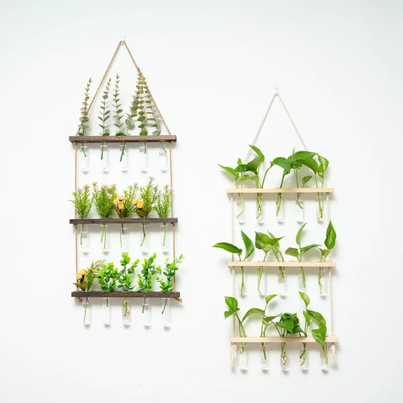 Plant Propagation Tube, 1 Box 3 Tiered Wall Hanging Terrarium with Wooden Stand, Mini Test Tube Flower Vase, Glass Planter Stations for Hydroponic Cutting Home Garden Office Decor, Hanging Planters