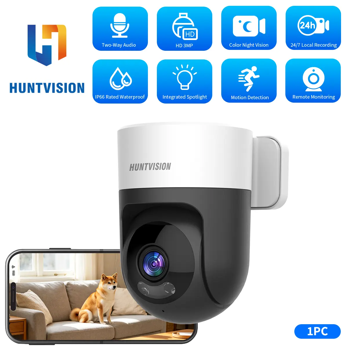 1pc Full HD 3MP Wifi Panoramic Security Camera, 360° Rotation,Two-Way Audio, Motion Detection, Compatible with Smartphones, USB Powered, for Courtyard, villa
