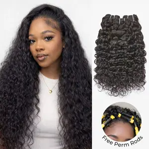 [Wequeen] Water Wave Hair Bundles 12-28 Inch Budget Friendly 10A Grade Brazilian 100% Human Hair Wet Look Quick Weave Sew in/Glue in Free Perm Rods