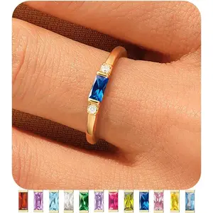 Gold Birthstone Rings for Women 14K Gold Plated Non Tarnish Stackable Rings Dainty Emerald Green Gemstone Cubic Zirconia Engagement Wedding Ring for Birthday Jewelry Gifts Size 6-10